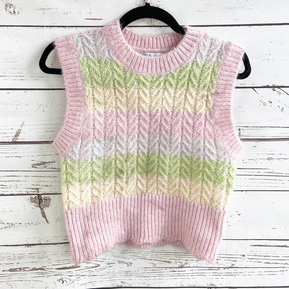 Zara Sweaters - Zara Small Pastel Stripe Cable Knit Crew Neck Sleeveless Knit Wool Sweater Vest
